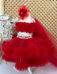 Girl Dresses Puffy Red Floral Baby Dress Infant Tutu Baptism Outfit Kid Birthday Christmas Gift 12M 18M 24M With Head Bow