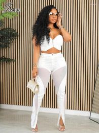 Women's Two Piece Pants Joskaa Sexy Tube Tops And Mesh Patchwork High Waist Pencil Sets Womens Outfits Fall 2023 Night Club