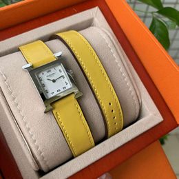 New H-type Yellow Lime Leather Shiny Cowhide Two Loop Winding Fashion Small 21H Quartz Women's Watch