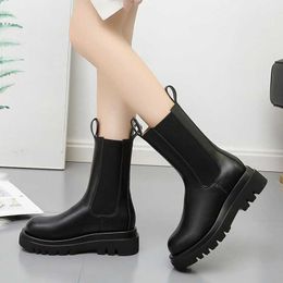 Boots Women Short Boots Fashion Platform Pu Leather Thick Heel Winter Shoe Woman Warm Elastic Casual Lady Round Toe Ankle Black AA230406