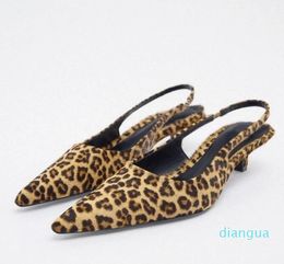 Sandals 2023 Animal Print Heels For Women Pointed Toe Leopard Heeled Slingback Pumps Woman Retro Ladies Casual Pump Shoes