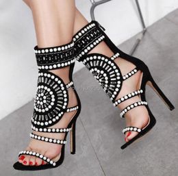 Dress Shoes Sexy Gladiator High Heel Sandals 10cm Women Beaded Heels Deep Toe Ankle Bootie Summer Black Nude 34 42