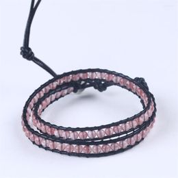 Strand Strawberry Crystal Pink Beads One Laps Weaving Black Leather Cord Bracelet