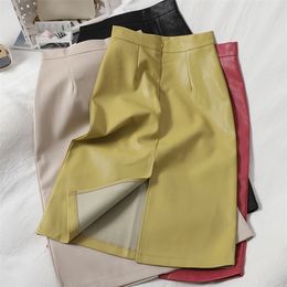 Skirts HELIAR Women's PU Leather High Waist Solid Straight Elegant Split Leather Midi Women's Leather Fall 230406