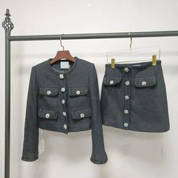 Two Piece Dress Women's Black Jacket Cardigan Or Mini Skirt Metal Button Ladies Small Fragrance Classic Fashion Suit 2023 Short Coats 231107