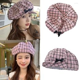 Berets Adult Pink Lattice Hat Girls French With Bowknot Woman Painter Taking Po Camping