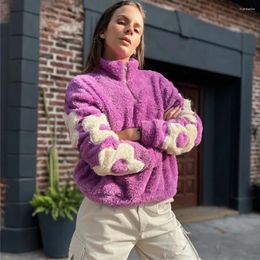 Women's Hoodies 2023 Autumn/Winter Contrast Flower Lamb Wool Coat Thickened Loose Half Zip Stand Neck Top