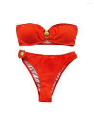 Women's Swimwear Women Crinkled Bikini Set Bandeau Top Thong High Waist Bottom Swimsuit Two Piece Bathing Suits