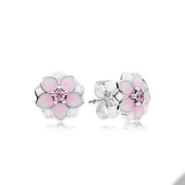 Pink Magnolia Stud Earrings Real Sterling Silver for Pandora Wedding designer Earring Set Jewelry For Women Girlfriend Gift Cute flowers earring with Original Box