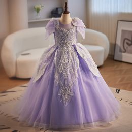 Modest Purple Flower Girls For Weddings Tulle Elastic Satin Floor Length Ball Gown Dresses Kids Teens Pageant Gowns Birthday Cooktail Party Dress 403