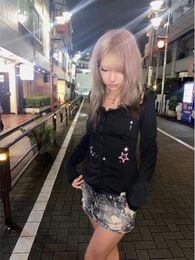 Women's T Shirts Deeptown Gothic Punk Star Print Women Harajuku Grunge Kpop Slim Long Sleeve Tees Sexy Lace Patchwork Y2K Tops Fairycore