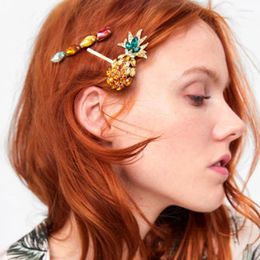 Hair Clips AE-CANFLY European Colourful Rhinestone Pineapple Hairpin Sets Word Clip 3pcs Summer Cool Wind Bangs