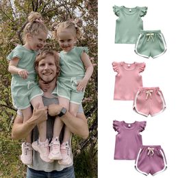 Clothing Sets Summer Toddler Baby Girl Clothes Kids Outfits Set Sleeveless Solid Knit Color O Neck T shirt Top and Shorts Pants 230407