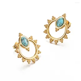 Stud Earrings Vintage Natural Turquoise Sun Stainless Steel Geometric Earring Fashion Party Jewellery Women Gift