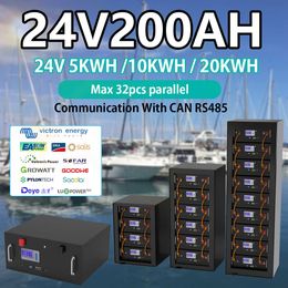 LiFePO4 24V 5KW Battery Pack 29.2V 200AH Lithium Solar Battery 6000 Cycles Max 32 Parallel With RS485 CAN Com For 24V Inverter