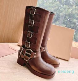 designer boots designer boots woman Harness Belt Buckled cowhide leather Biker Knee Boots chunky heel zip Knight boots Fashion square toe Ankle Booties for