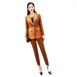 Women's Two Piece Pants 2023 Fashion Orange Red Dark Green Striped Pant Suit Women 2 Set Single Button Office Ladies Blazer And Trouser For