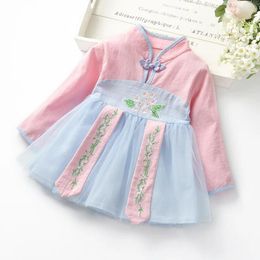 Girl Dresses Chinese Style Kid Dress Hanfu Baby Clothes Long Sleeve Nation Embroidery Children Elegant Toddler Set A1137