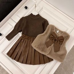 New girl dresses designer baby partydress kids Autumn Set Size 100-140 Faux fur vest Knitted shirt Plush leather skirt Nov05