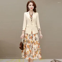 Work Dresses Women's Fashion Dress Set 2023 Spring Autumn Floral Suit Coat Midi Skirt Two-piece Korean Elegant Formal Occasion