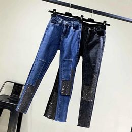Women's Jeans Rhinestone For Women 2023 Spring Summer High Waist Slim Cotton Stretch Skinny Grey Black Denim Pants Pencil Trousers