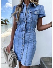 Casual Dresses Women Summer Short Sleeve Slim Jean Dress 2023 Retro Denim For Female Fashion Stretch Office Ladies Clothing