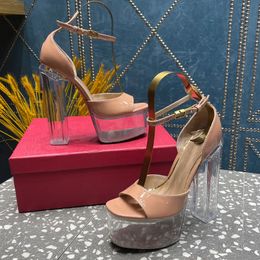clear crystal platform heel Sandals Patent leather square toe ankle strap platform pumps chunky block heels155mm women's luxury designers With box Free delivery