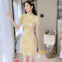 Ethnic Clothing Sweet Women Print Flower Qipao Chinese Style Evening Party Dress Vintage Young Girls Slim Mini Cheongsam Vestidos Classic Qi