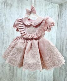 Girl's Dresses 0-12Y Baby Girl Summer Vintage Turkish Spanish Pink Princess Dress with Big Bow for Baptism Birthday Party Holiday Pography 230413