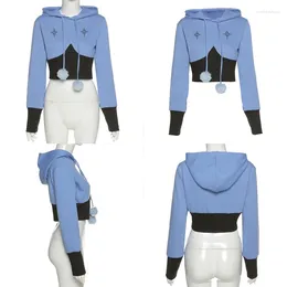 Women's Hoodies Women Long Sleeve Colour Block Cute Pompom Drawstring Sweatshirt Harajuku Star Print Loose Pullover Crop Top N7YE