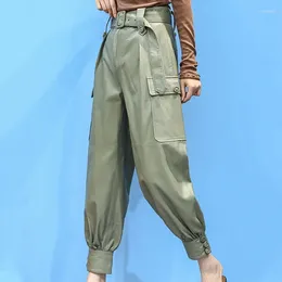 Womens Pants Leather Genuine High Waist Ankle-length Office Lady Spring Autumn Sashes Pockets Buttons Women Solid Sheepskin Cargo