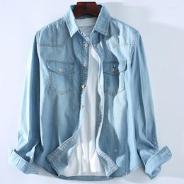 Men's Casual Shirts Spring Autumn Men Denim Thin Shirt Long Sleeve Soft Two Pockets Slim Slight Elastic Jeans Cowboy Washed Light Blue