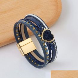 Chain Woman Girls Crystal Heart Hand Woven Leather Bracelet With Magnet Buckle Mtilayer Bracelets Jewellery Drop Delivery Dhnut