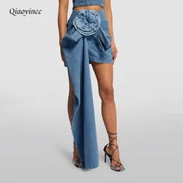 Skirts 2023 Blue Denim Package Hip Half Skirt Women's Fashion 3D Three-Dimensional Rose High Street Asymmetric Y2K Mini