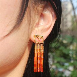 Dangle Earrings Natural Red Agate Women's Original Design Retro Style Tassel 925 Sterling Silver Jewellery Bamboo Shape Beads Ear Wire