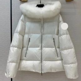 Designer women embroidered badge winter coat fur collar down jacket parkas brands fashion lady loose thickened short fox big fur collar white down outerwear