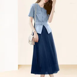 Work Dresses 2023 Korea Chic Office Ladies Two-pieces Set Outfit :Single Breasted Casual Top With Belt Elegant Pleated Long Skirt