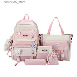 Backpacks 5Pcs Girls Backpack Set for Middle High School Girly Bookbag with Pencil for CASE Pouch Bear Pendant Cute Pins Decor Q231108