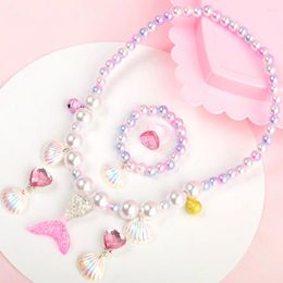Necklace Earrings Set 5 In 1 Children Girl Jewellery Mermaid Shape Simulation Pearl Bracelet Ring Earring For Girls Accsesories