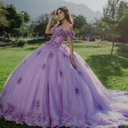 Lilac Lavender Princess Puffy Quinceanera Dresses Off Shoulder Applique 3D Floral Beads Lace-up Corset Cathedral Train vestido de 15 anos