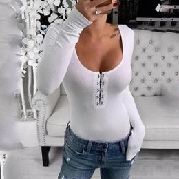 Women's T Shirts 2023 Plus Size S-5XL Solid Big O-neck Hook Row White Blackless Women's Long Sleeve Casual Slim Top Drop Sexy