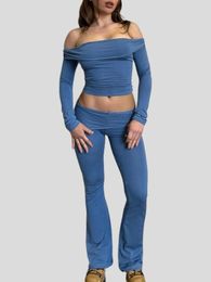 Women's Pants Women Sexy Two Piece Outfits Y2k Long Sleeve Off Shoulder Shirts Stretch Slim Fitted Tops And Casual Set Streetwear