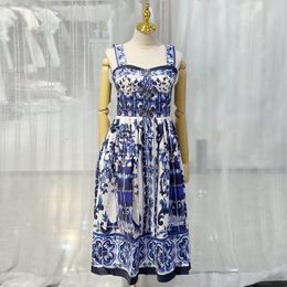 Fancy Dress Womens Blue and white porcelain Printed Gathered Waist Sleeveless Fit&Flare Cami midi Dress