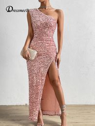 Casual Dresses Dressmecb Pink Sequins Summer Women's One Shoulder Ruffle Ultra Thin Long Dress Women's Backless Sexy Party Tank Top 230407