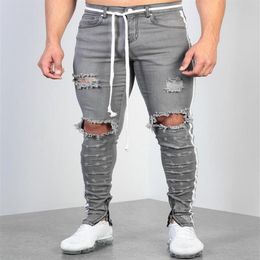 Mens Ripped Ribbon Grey Skinny Jeans Fashion Designer Hi-Street Distressed Denim Joggers Knee Holes Washed Destroyed Slim Fit Pant231C