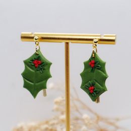 Dangle Earrings Christmas Leaves Red Bean Pendant For Women Girls Handmade Polymer Clay Metal Drop Earring Jewellery