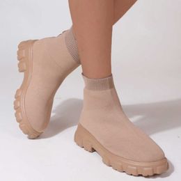 Boots Winter Women's Boots 2023 New Fashion Knit Warm Plush Stretch Socks Heels Comfort Western Platform Chelsea Student Botines Mujer AA230406