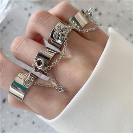 Cluster Rings Fashion Punk Cool Hip Hop Rock Chain Ring Female Opening Adjustable Silver Colour Four Fingers Set Jewellery Party Gift