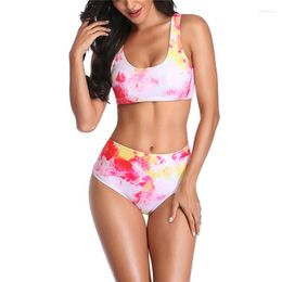 Women's Swimwear Women Tie Dye Split Print Bandage Swimsuit High Waist Push Up Bikin