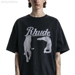 Men's T-Shirts RHUDE New Spring And Summer Retro Night Cat Printing High Street Cotton High-Quality T-Shirt Black S-XL